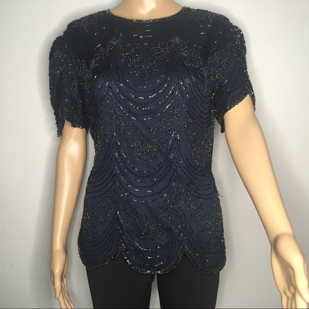 Adrianna Papell silk sequins blue top